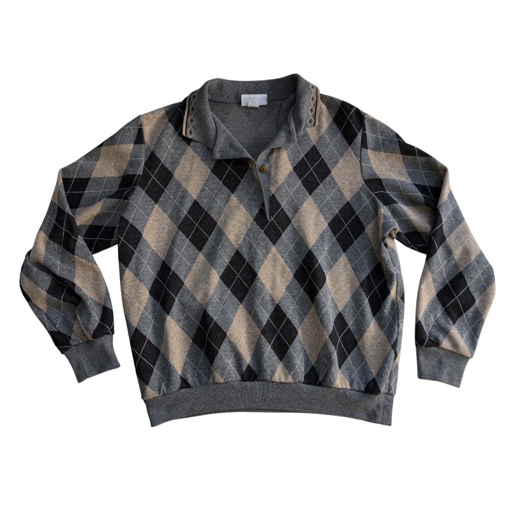 Vintage Alfred Dunner Argyle Polo Sweater Men's M Made in USA Gray Tan Black